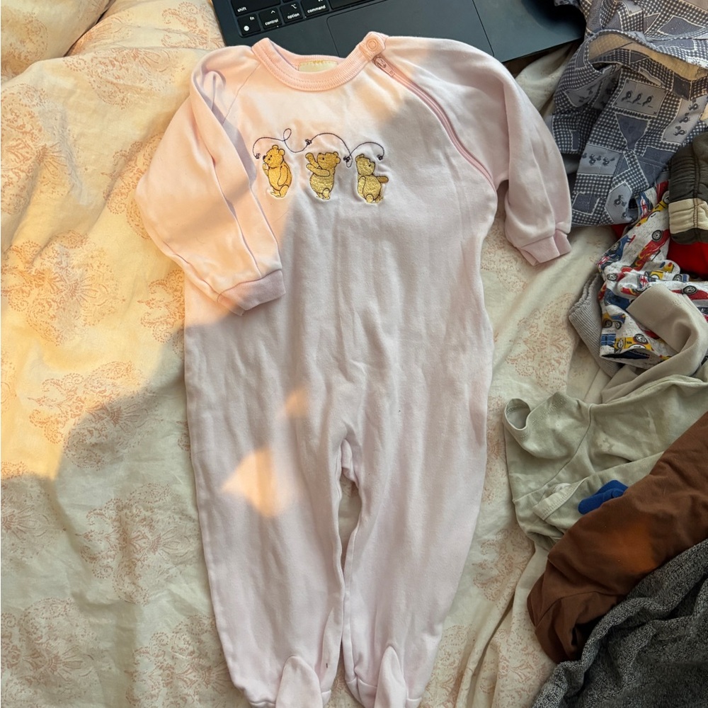 Vintage Pink Baby One Piece with Pooh Bear Design